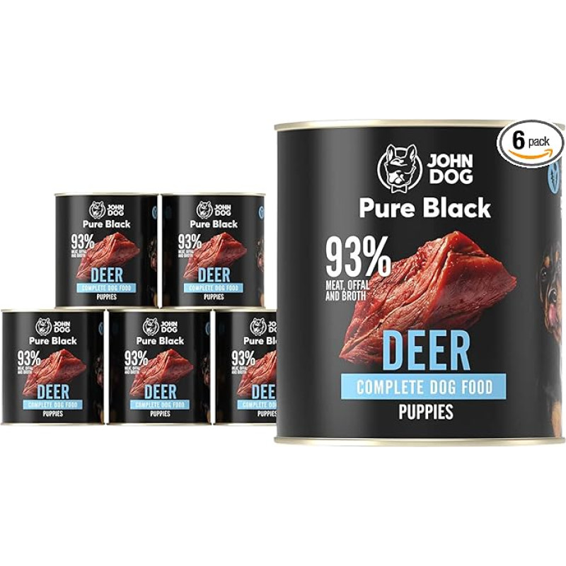 JOHN DOG Pure Black - 93% mėsos - aukščiausios kokybės drėgnas ėdalas šunims - šunims skirtas ėdalas - hipoalerginis ėdalas šunims - drėgnas ėdalas be glitimo - 100% natūralūs ingredientai - skanėstai šunims - 6 x 800 g - (elniena)