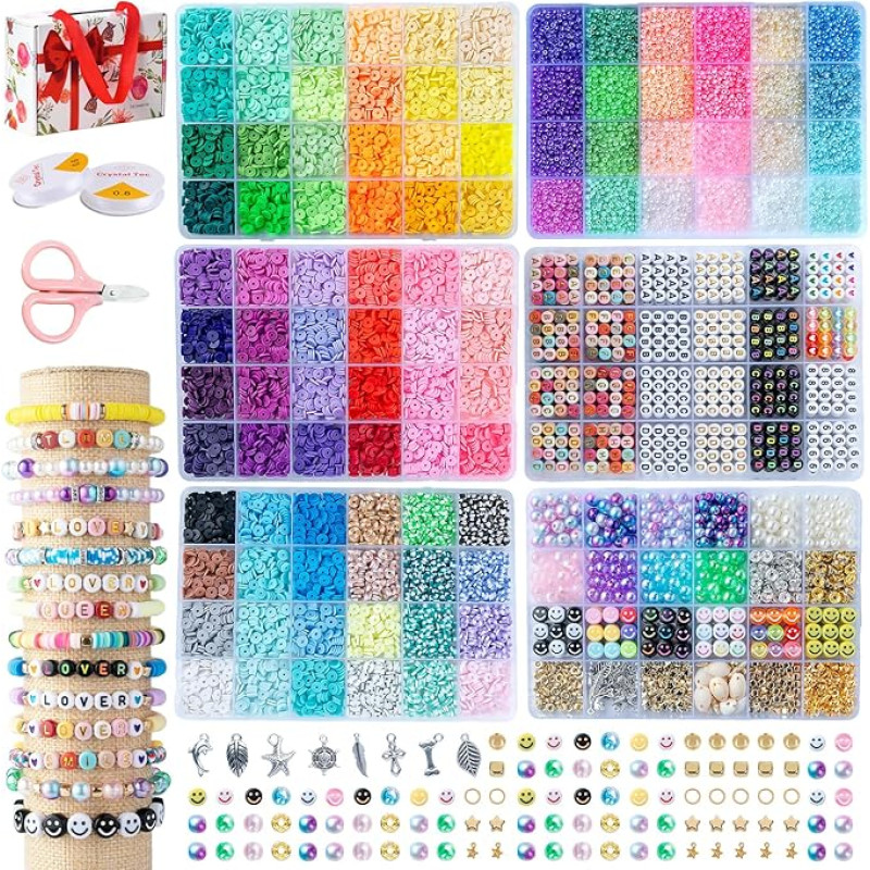 SJZWSD Beads Set for Bracelets Making Yourself, 6 Boxes - 16000 Pieces, Polymer Clay & Glass Seed Beads, DIY Jewellery Making Kit with Letter Beads Including Ä Ö Ü ß & Charms