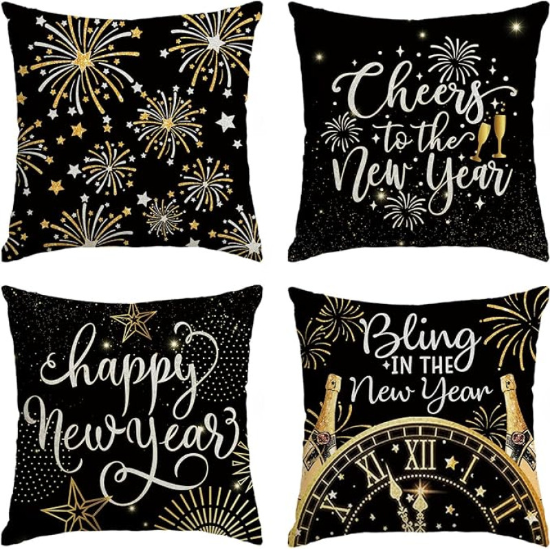 Artoid Mode Fejerverkai Vyno taurės laikrodžiai Naujieji metai 2025 pagalvių užvalkalai 4 rinkiniai 45 x 45 cm Laimingų Naujųjų metų Dekoratyvinės pagalvėlės užvalkalas Pagalvėlė Kanapė Gyvenamasis kambarys Dekoravimas