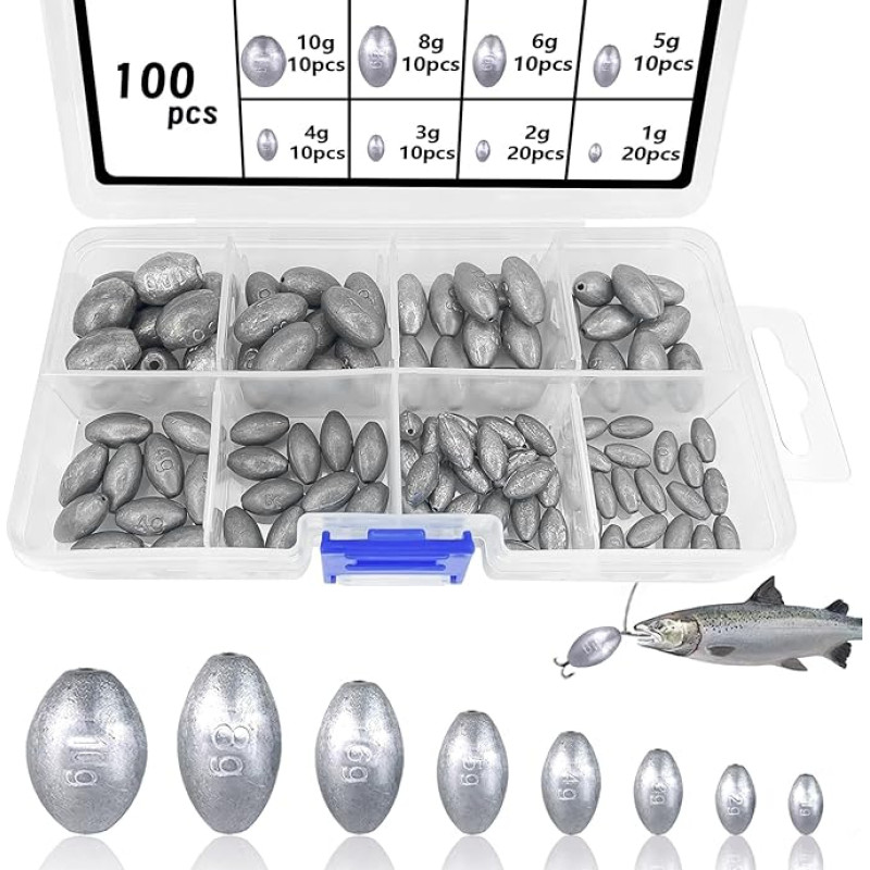 YOUNGSAY 100 pieces lead fishing, removable lead weights fishing, 1g/2g/3g/4g/5g/6g/8g/10g fishing lead with storage box, for deep sea fishing and freshwater fishing