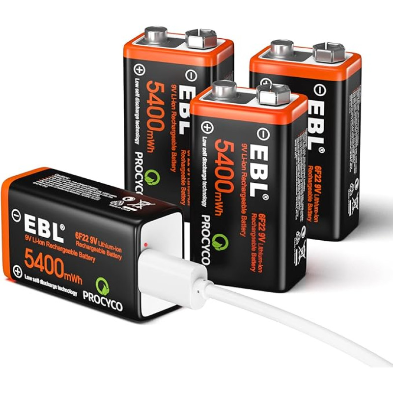 EBL 9 V akumuliatoriai, USB įkraunami akumuliatoriai, 1,5 V, 5400 mWh, mikro įkrovimo laidas, greitai įkraunami per 2 valandas (4 vnt.)