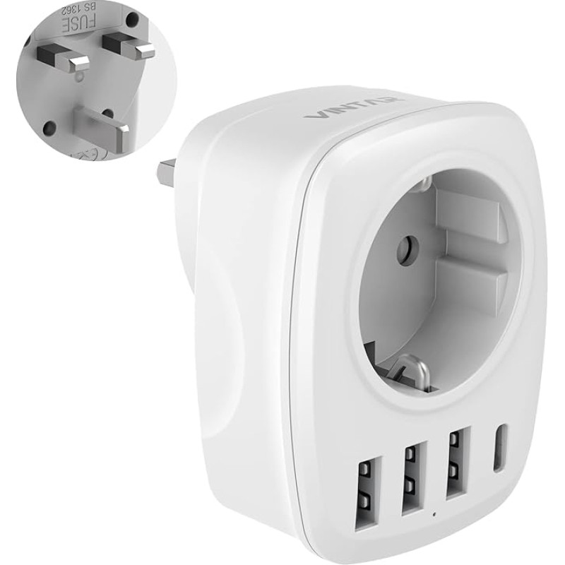 Travel Adapter UK Adapter England Germany Plug, VINTAR Socket Adapter Travel Plug Power Adapter with 3 USB A and 1 USB C Port, Suitable for Great Britain, England, Ireland, Malaysia, TypG