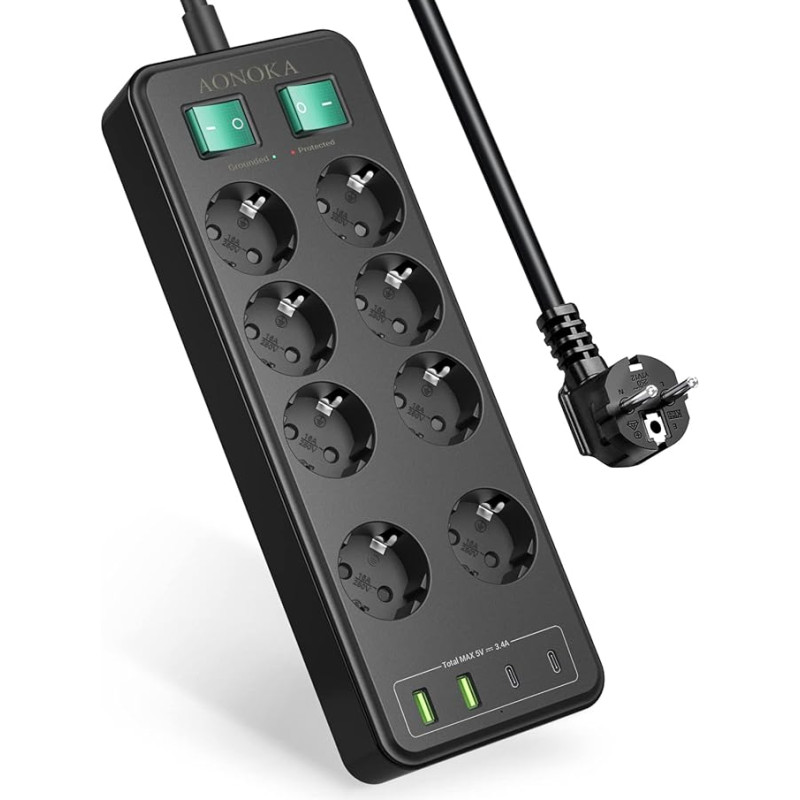 Power Strip 8-Way with USB C, Multiple Sockets Surge Protection, Socket Adapter with 2 x USB A and 2 x USB C, Multiple Plug Wall Mounting with Double Switch, 1.5 m Cable, Black
