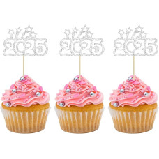 24 vnt. 2025 m. laimingų Naujųjų metų keksiukų viršūnėlės, sidabriniai blizgučiai, Sveiki atvykę į 2025 m. keksiukų viršūnėlės, sveikiname 2025 m. torto pasirinkimo dekoracijas Naujųjų metų išvakarėse 2025 m. Partijos dekoro reikmenys