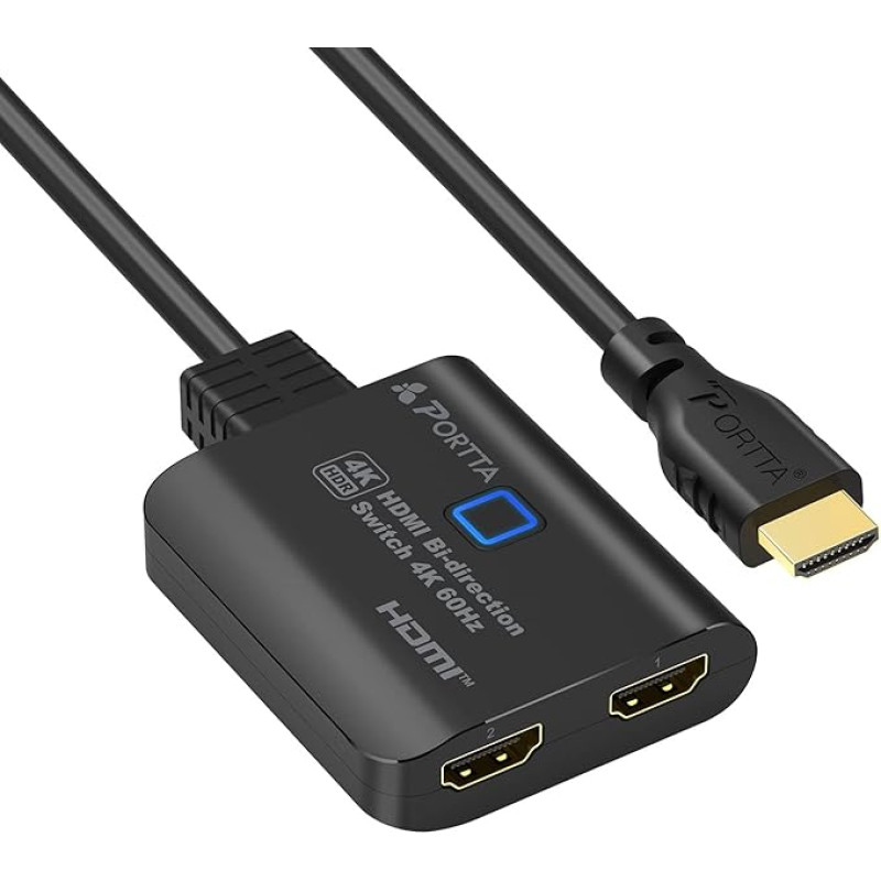 HDMI jungiklis 4K 60Hz su 23,62 colių fiksuotu HDMI kabeliu, HDMI jungiklis 2 in 1 Out, HDMI 2.0 perjungiklis, palaikantis HDCP 2.2 HDR10 3D, skirtas Xbox PS4 HDTV