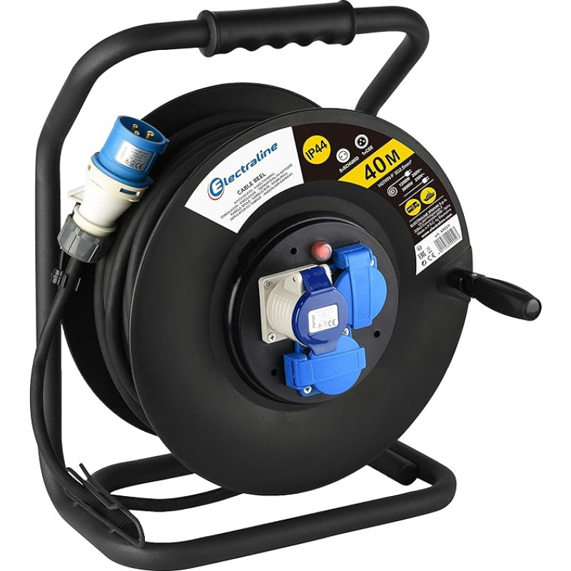 Electraline 49059 Rubber Extension 3 G2,5 mm² with Cable Reel 40 MT 2 Industrial IEC Sockets + 1 Schuko 3 Pin Plug Suitable for Camper, Camping, Caravan, Boat, Construction Site – IP44