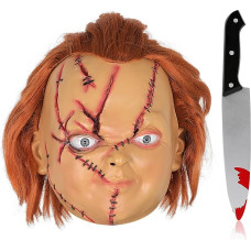 Fehodun Chucky kaukė su plaukais ir peiliu Baisioji Chucky galvos kaukė Helovino žudymo kaukė Realistiška Cosplay kaukė suaugusiems ir vaikams