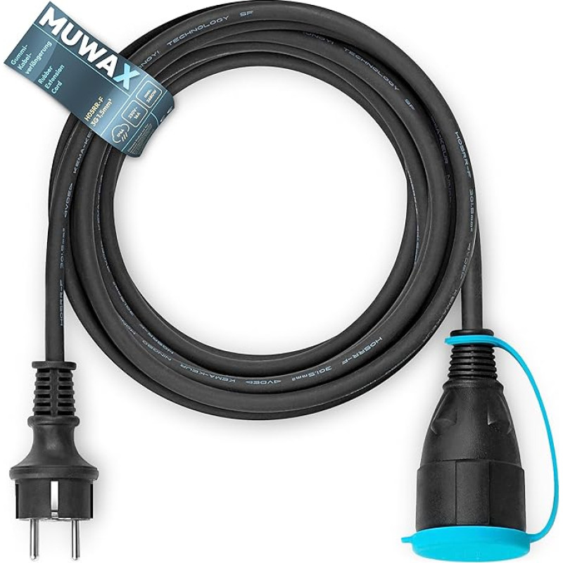 MUWAX Rubber Extension Cable 5 m for DIY, Garden, Household, for Temporary Outdoor Use and Medium Mechanical Stress H05RR-F 3G 1.5 mm² Black