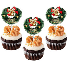 Xsstarmi 12 Stück Weihnachtskranz Cupcake Toppers mit Fliege Grünes Gras Kreis Weihnachtsglocken Cupcake Picks für Babyparty, Geburtstag, Neujahr, Weihnachten, Urlaub, Party, Kuchendekoration Supplies
