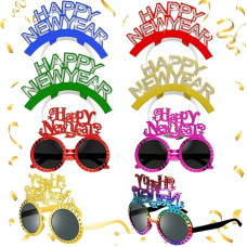 8 Pieces New Year's Eve Party Supplies 2024 Happy New Year Decoration Set with Colorful Headband Glasses for New Year Party Photo Props