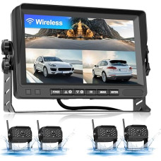 CAMECHO belaidis skaitmeninių atbulinės eigos kamerų rinkinys su 7 colių IPS monitoriumi ir 4 vandeniui atspariomis atbulinės eigos kameromis, palaiko vaizdo pakartojimo / dalinio vaizdo / vaizdo apvertimo funkciją, skirtas lengviesiems automobiliams, mik