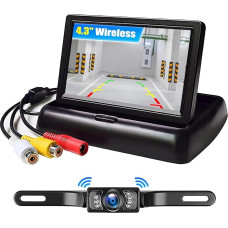 CAMECHO Wireless Reversing Camera System for Car with 4.3 Inch TFT LCD Foldable Monitor, V1/V2 Two Video Input for Minivans SUVs + License Plate Holder Rear View Camera 9V-24V