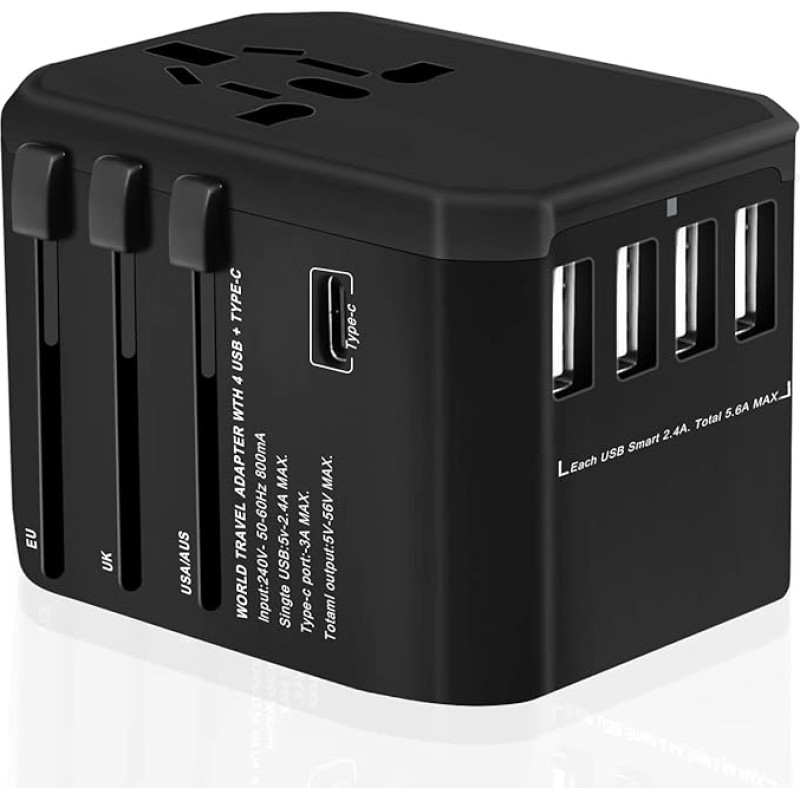 Travel Adapter Worldwide, Universal Travel Plug with 4 USB, 1 USB C and 1AC Socket, International Socket Adapter, Universal Adapter for Germany, USA, England, Italy, 224+ Countries