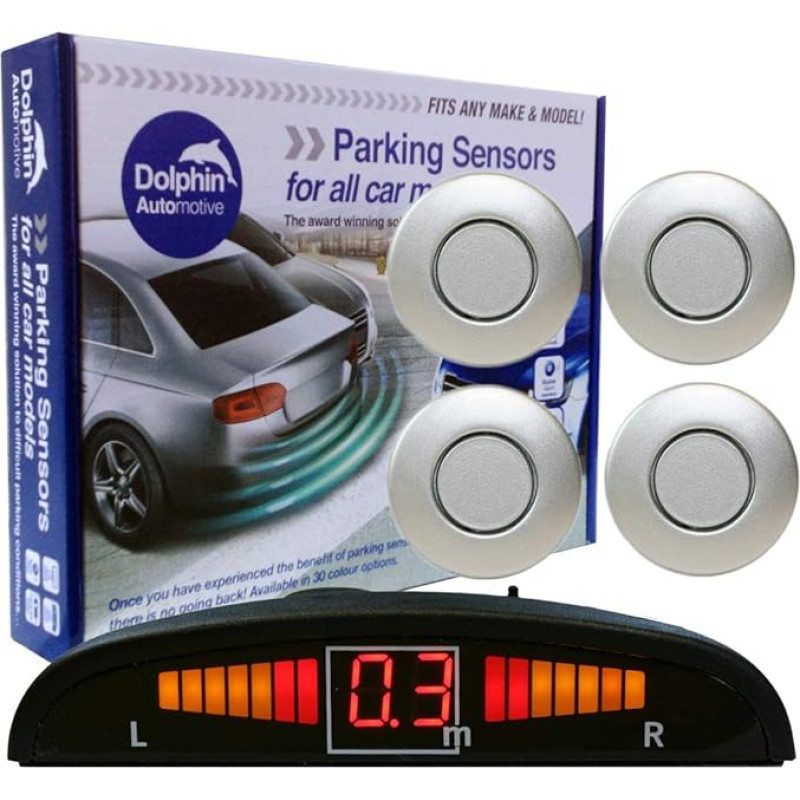 Dolphin DPS450 Reversing Parking Sensors in 32 Colours, 4 Ultrasonic Radar Sensors Kit Audio & Display Alert System Matte & Glossy Black + 30 Other Colours (Silver)