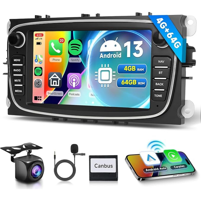 4G + 64G Wireless Carplay Android 13 Car Radio for Ford Focus II mk2 Mondeo S-Max C-Max Galaxy Kuga with Android Car Navigation GPS WiFi 7 Inch Car Radio