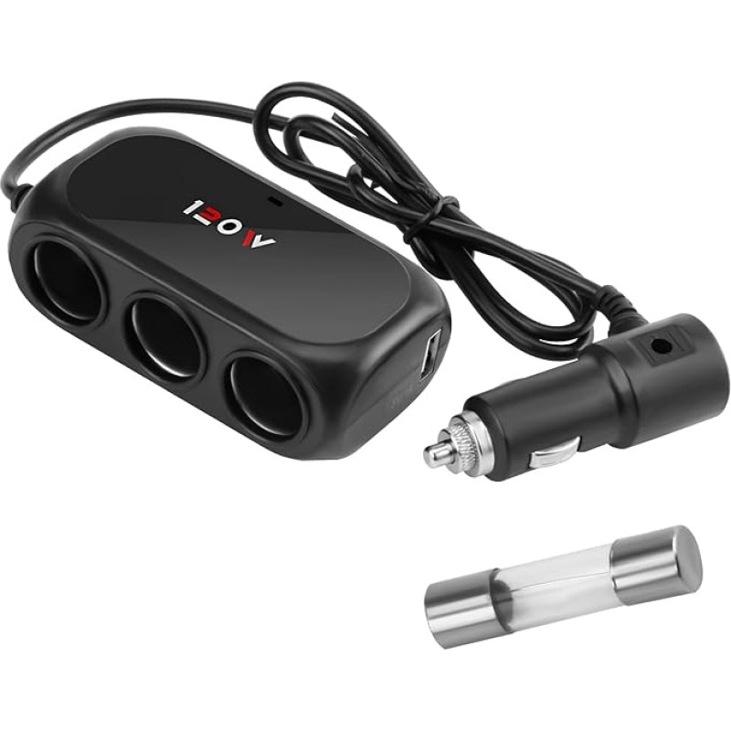 Automobilinis cigarečių žiebtuvėlio adapteris, 3 lizdai, automobilinis įkroviklio adapteris, 120 W dvigubas USB greitasis įkroviklis, 12V/24V lizdas, skirtas prietaisų kameroms, GPS, mobiliesiems telefonams, planšetiniams kompiuteriams - integruotos apsau