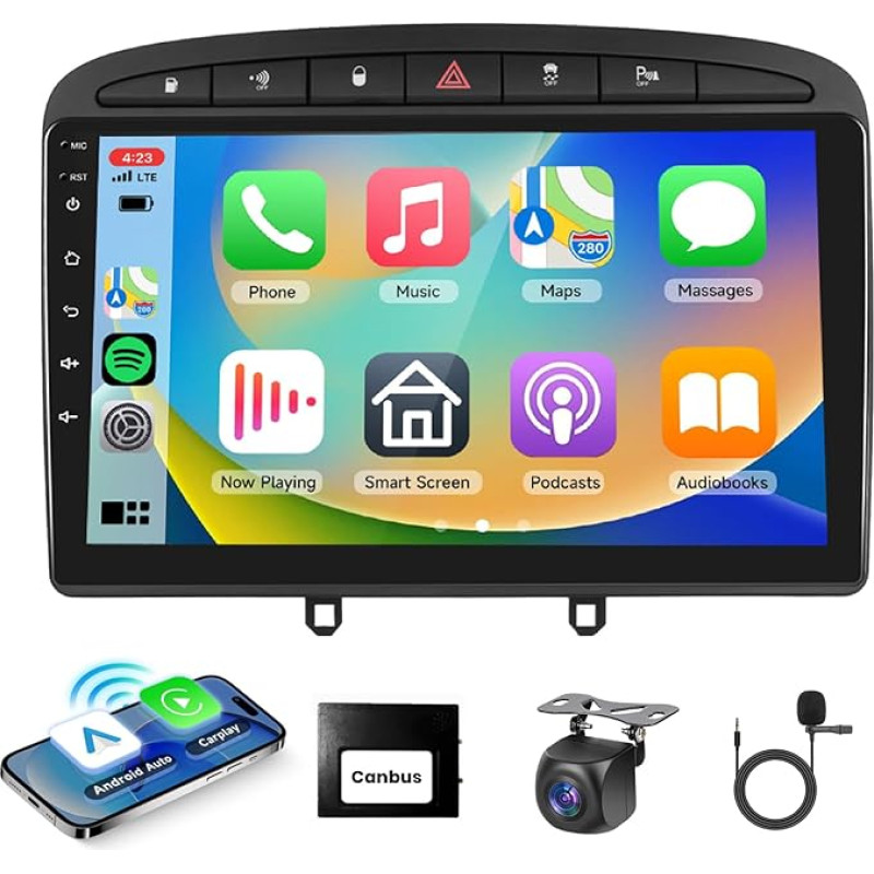 Podofo Android automobilinis radijas Peugeot 308 408 2007-2015, 9 colių jutiklinis ekranas Carplay Android automobilinis WiFi Bluetooth USB FM RDS radijo stotis Peugeot + atbulinės eigos kamera + mikrofonas