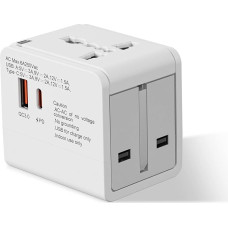 Travel Adapter Worldwide, Universal Travel Plug with 1USB-A, 1USB -C and 1AC Socket, USB C PD 18W Fast Charge, International Socket Adapter for Germany, USA, England, Australia (White)