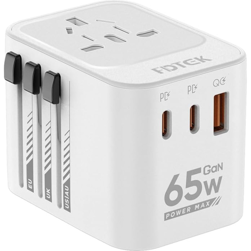 FDTEK 65 W Travel Adapter Worldwide, Universal Travel Plug Adapter with 2 USB-C, 1 USB-A and 1AC Socket, International Socket Adapter, Travel Adapter for Europe, USA, Mexico, Australia, 200+ Countries