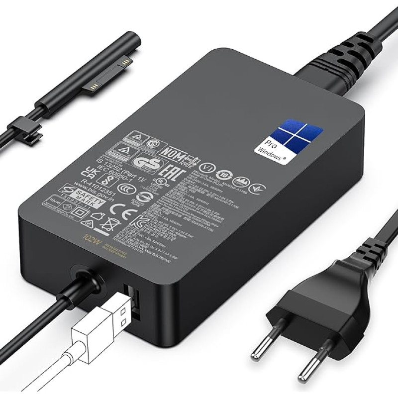 Surface Charging Cable 102W 15V 6.33A Microsoft Charger Power Supply for Surface Book 2/Book 3/1, Surface Laptop Studio 2/1, Windows Surface Pro 11/10/9/8/7/6/5/4, Surface Laptop 7/6/5/4/3, Surface