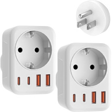 2 Pack USA Adapter Socket, 5-in-1 Adapter USA Germany Plug with 1 AC 2 USB-C 2 USB-A (3.4 A), 3750 W Travel Adapter USA Adapter, EU to US Adapter for America Canada Thailand Mexico (White/Type B)