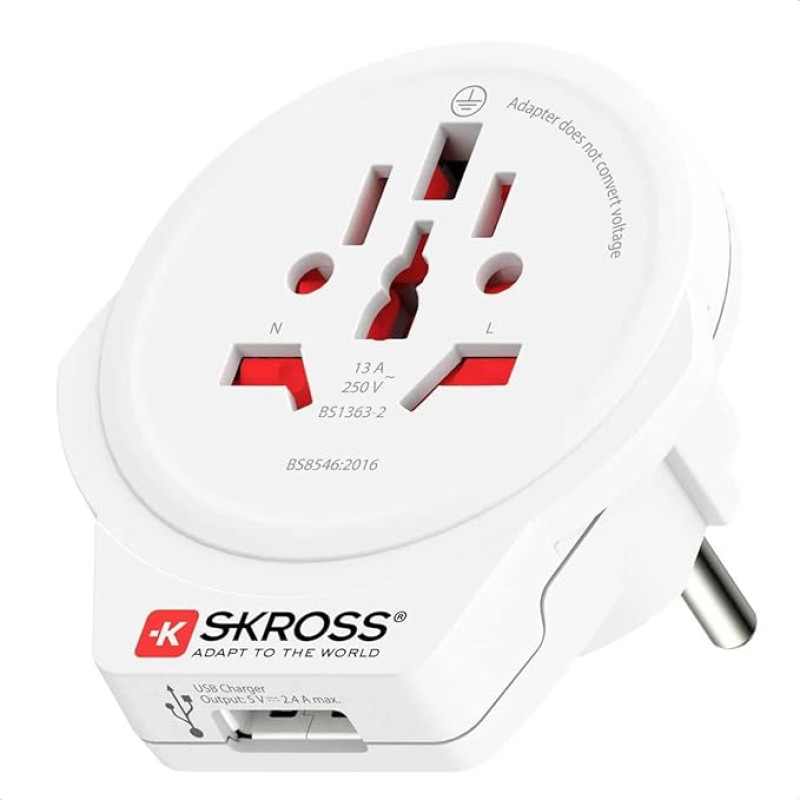 SKROSS | 1.500266 | World to Europe Travel Adapter (Shuko) with USB 1.0 Socket 5.0 V DC/Max. 2.4 A - Power and Voltage 100 V - 1600 W / 250 V - 4000 W - Anti-shock Protection