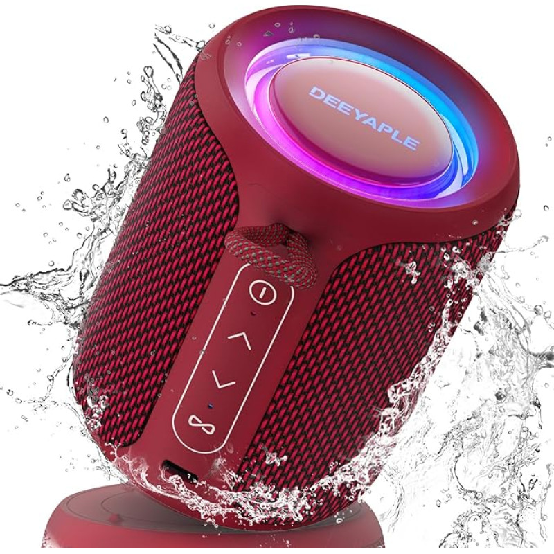 Deeyaple Bluetooth Speaker Small Portable Music Box 5.3 IPX7 Waterproof Wireless Stereo Pairing Hands-Free RGB Light for Outdoor Camping Garden Party Travel (Red)