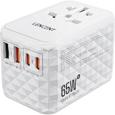 LENCENT 65 W Universal Travel Adapter, Socket Adapter with 2 USB-A & 2 USB-C Plugs, Fast Charging for iPhone, Mobile Phone, Laptops, International Travel Plug for UK, EU, AU, US Sockets, White