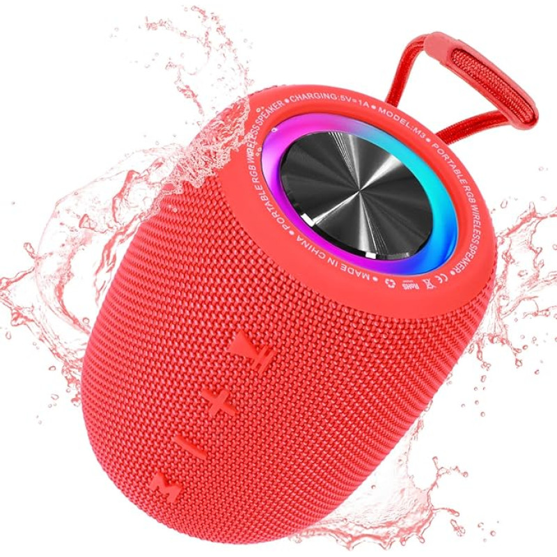 Bluetooth Speaker 20 W, Bluetooth Box, LED Music Box Waterproof IPX6, 360° HD Stereo Speaker Sound, 16H Playtime, Supports FM Radio/AUX/TF (Red)