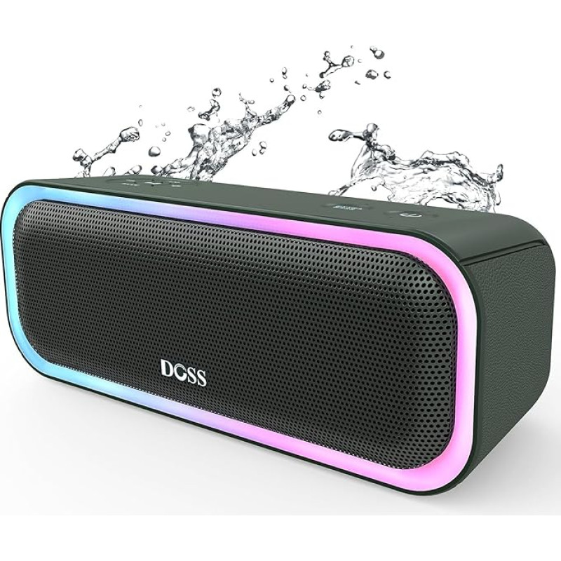 DOSS SoundBox Pro Bluetooth Speaker, 20 W Stereo Sound, Extra Bass, IPX6 Waterproof, 20 Hours Battery, Colourful Light, Bluetooth Box for Outdoors, Beach, Home, Garden - Cypress Green