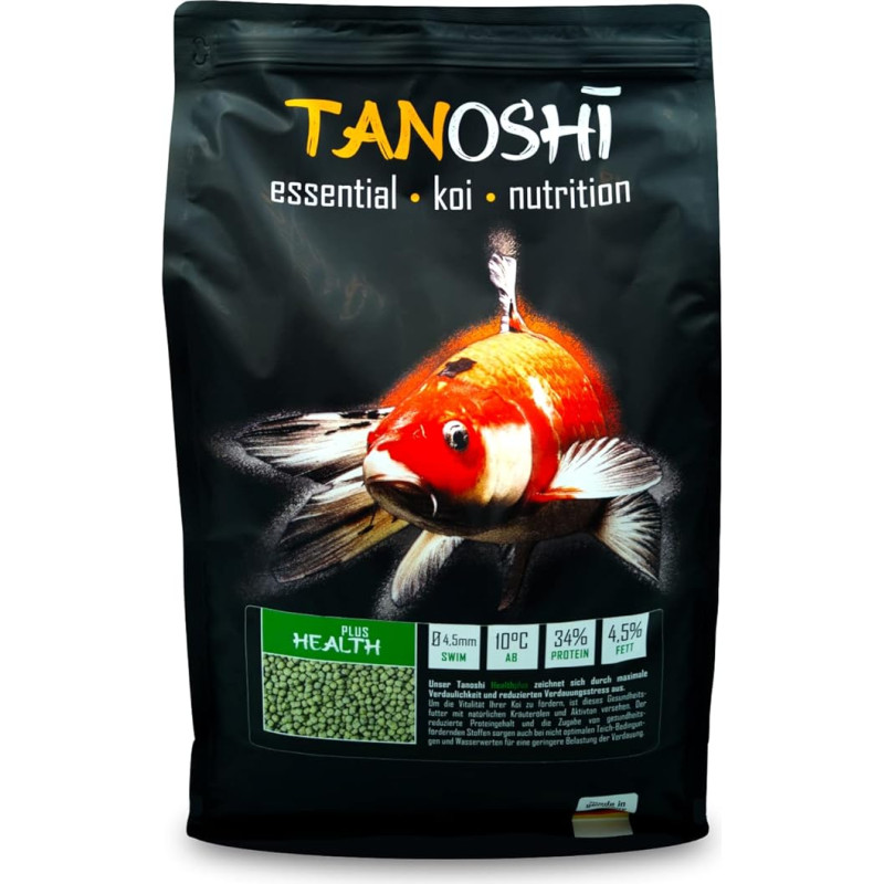 Tanoshi Koi Food - Health Plus 5 kg 4,5 mm plūduriuojantis sveikas Koi maistas su augaliniais aliejais ir aktyviuoju moliu, skirtas maksimaliam virškinamumui ir mažam virškinimo stresui