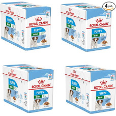 ROYAL CANIN Mini Puppy | 4 pakuotės | 4 x 12 x 85g | Šlapias maistas mažų šunų šuniukams | Iki 10 mėnesių | Smulkūs gabalėliai padaže | Minkšta tekstūra pieniniams dantims