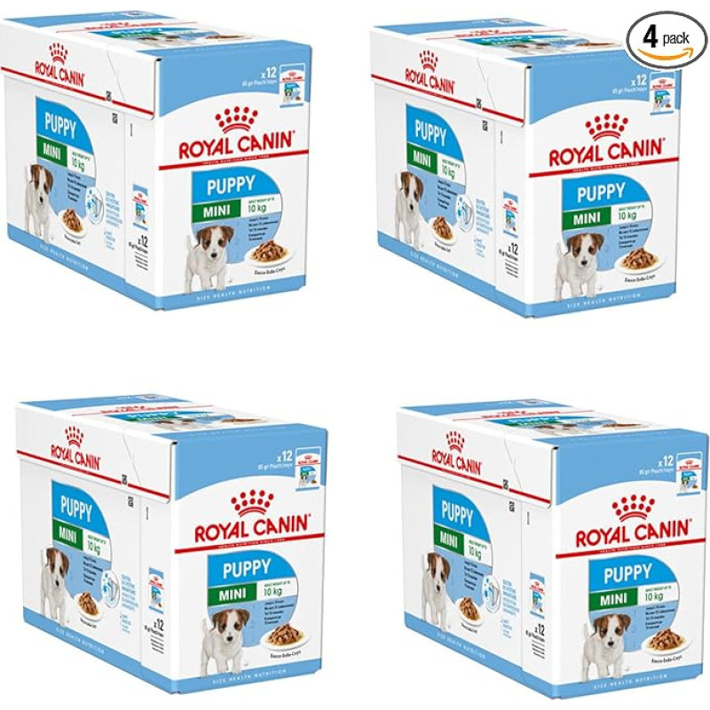 ROYAL CANIN Mini Puppy | 4 pakuotės | 4 x 12 x 85g | Šlapias maistas mažų šunų šuniukams | Iki 10 mėnesių | Smulkūs gabalėliai padaže | Minkšta tekstūra pieniniams dantims