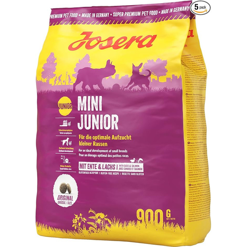 JOSERA MiniJunior sausas maistas mažų veislių šuniukams su antiena ir lašiša, skirtas optimaliam vystymuisi, itin aukštos kokybės sausas maistas augantiems šunims, 5 vnt. (5 x 900 g)