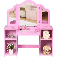 RELAX4LIFE Children's Dressing Table, 2 in 1 Dressing Table & Desk with Removable Three-Piece Acrylic Mirror, Dressing Table with 4 Storage Compartments, Cute Gift for Girls Princess (Pink)