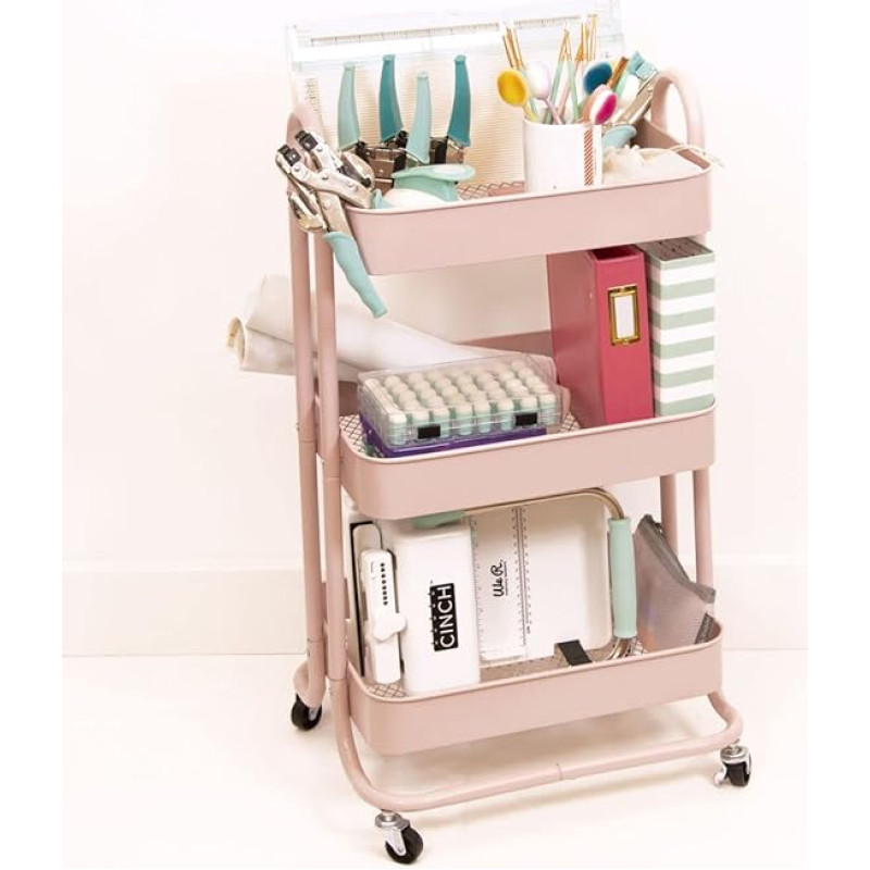 Craftelier - Metal Organiser Trolley with 3 Compartments | 4 Swivel Castors 360º with Brakes | Max Shelf Load 2.99 kg | Distance Between Compartments 25.5 cm | Size 78 x 40 cm - Colour Pink