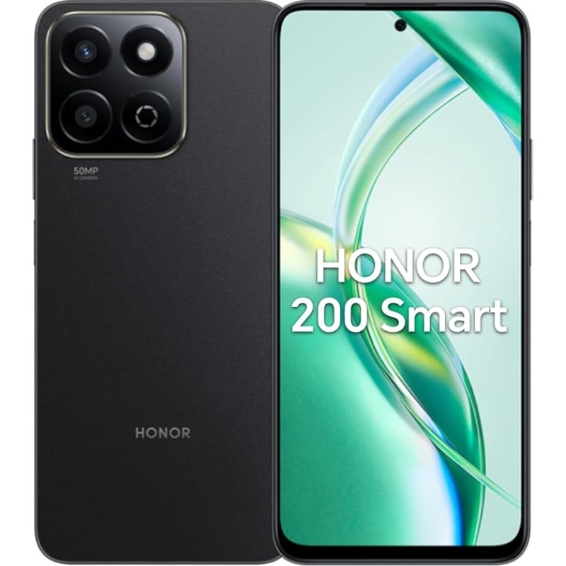 HONOR 200 Smart 5G išmanusis telefonas 4 + 256 GB, 6,8 colio IP64 atsparumo kritimams ekranas, 5200 mAh akumuliatorius, 300 % didelio garsumo režimas, 50 MP dirbtinio intelekto kamera, 