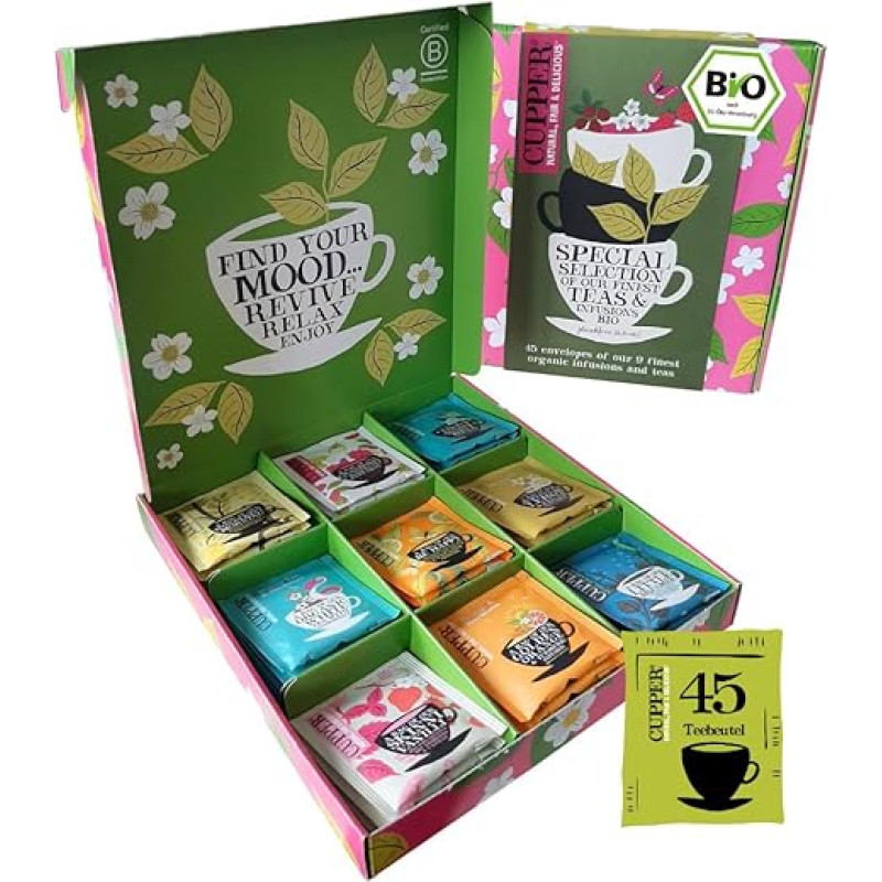 Cupper Organic Tea Gift Set, Tea Set, Christmas Gift, Selection Box, Collection of Selected Organic Teas (1 Box, 45 Tea Bags)