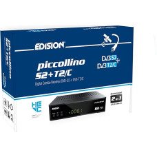 EDISION Piccollino S2+T2/C kombinuotas HD imtuvas H.265/HEVC (DVB-S2, DVB-T2, DVB-C | ARD-ZDF SD Shut-Off) Vienkartinis tinkamas 2-in-1 RCU, HDMI, AV, LAN, iš anksto įdiegtas vokiškų programų sąrašas