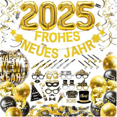 Humairc New Year's Eve Decoration 2025 Happy New Year Banner 2025 Foil Balloon Disco Ball Foil Balloon Photo Prop Party Flutes 2025 Table Decoration New Year's Eve Decoration Happy New Year Decoration