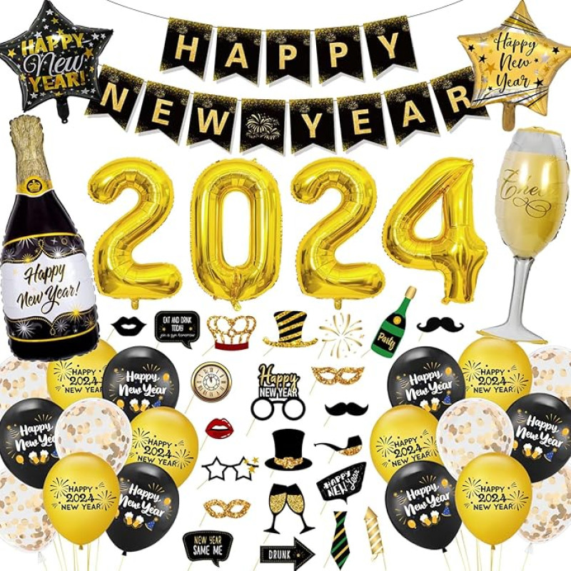 New Year's Eve Decoration Set, New Year's Eve Decoration, Happy New Year Garland, Photo Props Black Gold Balloons Confetti Balloons Numbers Foil Balloon