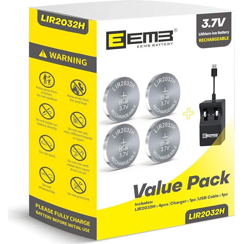 EEMB LIR2032H Rechargeable Battery Charger with 4 Pieces 3.7 V Lithium Ion Coin Button Cell Battery 70 mAh Can Replace ML2032 for Car Remote Key Fob Clock