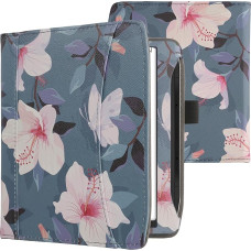 kwmobile Flip Case Compatible with Pocketbook Era/Era Colour - Front Compartment Hand Strap - White/Pink Fuchsia Blossoms White Pink Purple