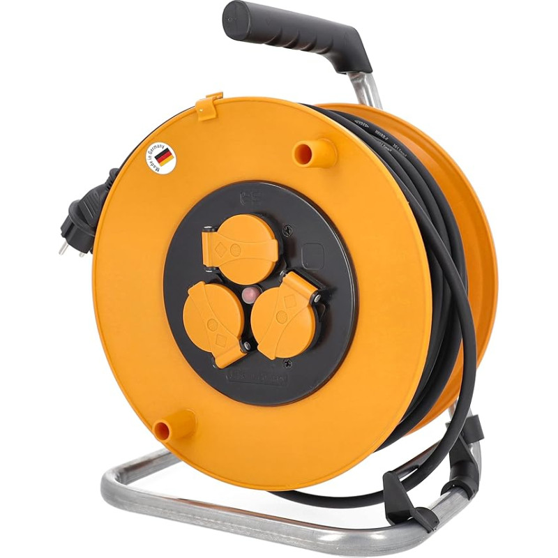 as - Schwabe Cable Reel 50 m – Outdoor – 3 Built-in Sockets with Hinged Lid – Overheating Protection – Parking Brake – 230 V/16 A/3500 W – Cable Guide – Made in Germany – IP44 – Orange, 11483
