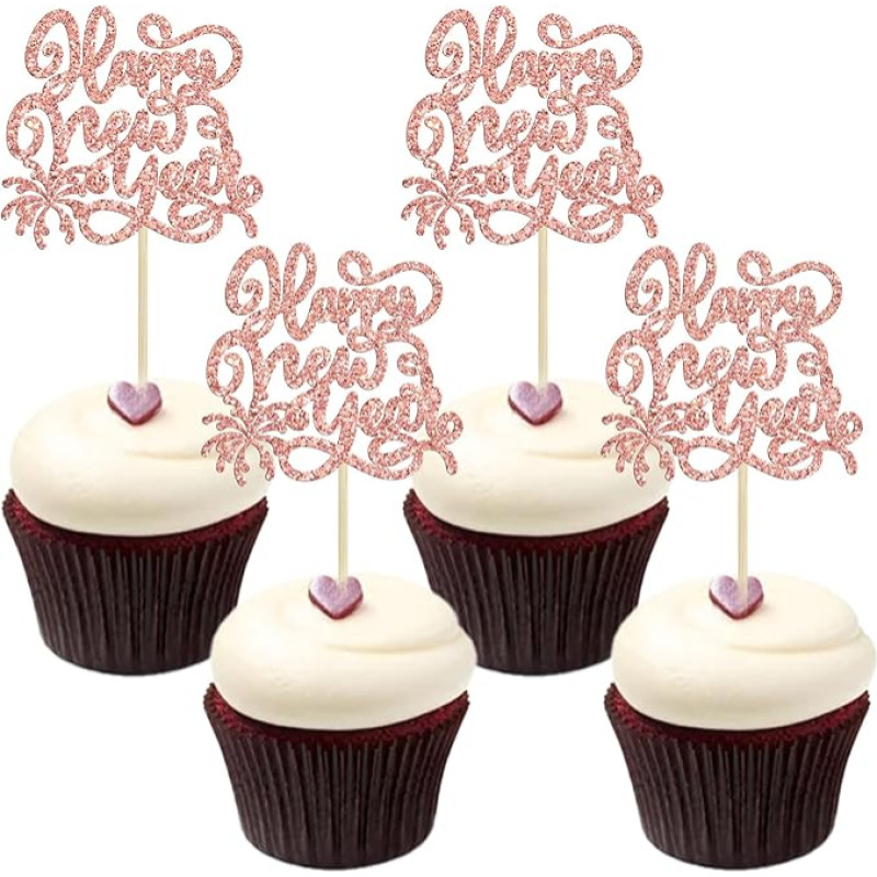 Gyufise Pack of 24 Happy New Years Cupcake Toppers Rose Gold Glitter 2023 Happy New Year Party Decorations for Happy 2023 Cheers to 2023 Hello 2023 New Year's Eve Party Decorations Supplies