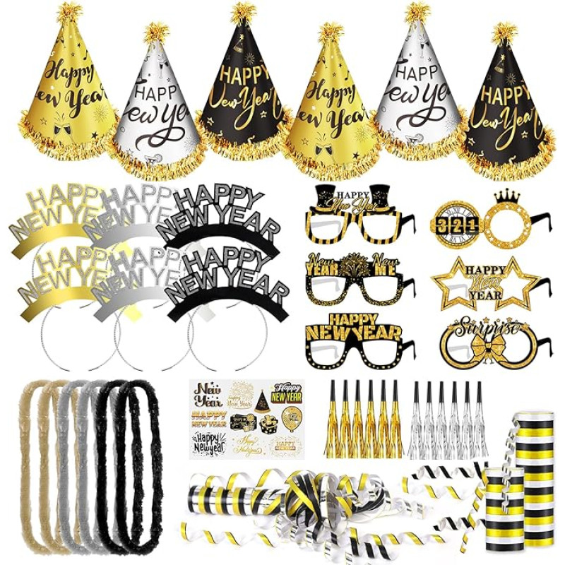 DPKOW 38 vnt. Schwarz Gold Neujahr Brille Hüte Stirnband Girlande Fransenbläser, Happy New Year Kegel Hüte Brillen Haarbänder Requisiten, Neujahr Tattoo Metallic Luftschlangen, Silvester Party