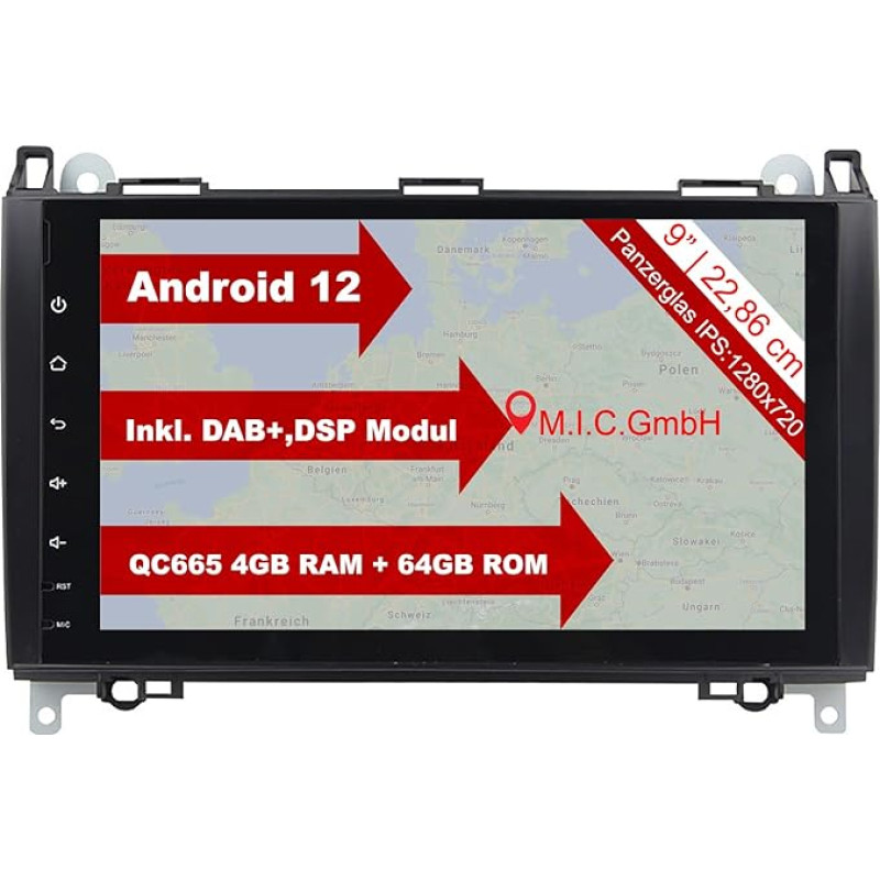 M.I.C. AB9 Android 12 automobilinis radijas su navigacija Qualcomm Snapdragon 665 4G + 64G pakeitimas Mercedes Benz A klasės W169 B klasės W245 Viano Vito W639 Sprinter VW Crafter: SIM DAB+ BT 5.0 9 colių IPS