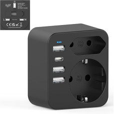 Adapteris Anglija Vokietija kištukas, kelionės adapteris JK su 3 USB 1 USB C (3.4A), kelionės kištuko maitinimo adapteris G tipo kištukinis lizdas, skirtas Anglijai, Didžiajai Britanijai, Airijai, Dubajui, Maldyvams (juodas) (juodas)