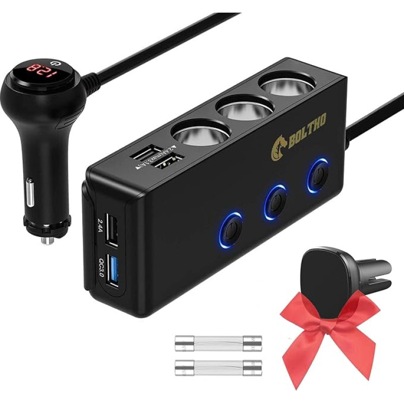 BOLTHO QC 3.0 cigarečių žiebtuvėlio skirstytuvas, 4 USB automobilinis įkroviklis ir trigubas automobilinis adapteris, 12 V/24 V greitasis įkrovimas su atskiru jungikliu ir LED įtampos ekranu, vienas mobiliojo telefono laikiklis, nemokama dovana