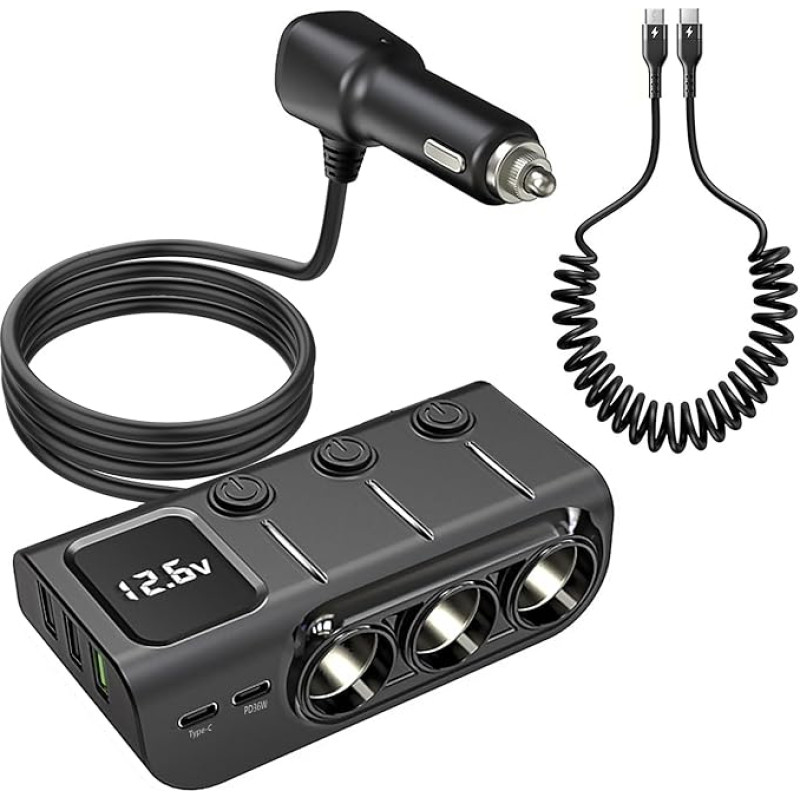 Hoembpn 120 W automobilio cigarečių žiebtuvėlio daliklis 8 in 1 USB C automobilinio įkroviklio adapteris 3 daugkartiniai lizdai 5 USB PD prievadai 12 V daliklis su LED voltmetro jungikliu, USB C į USB C įkrovimo kabelis spiralinis kabelis